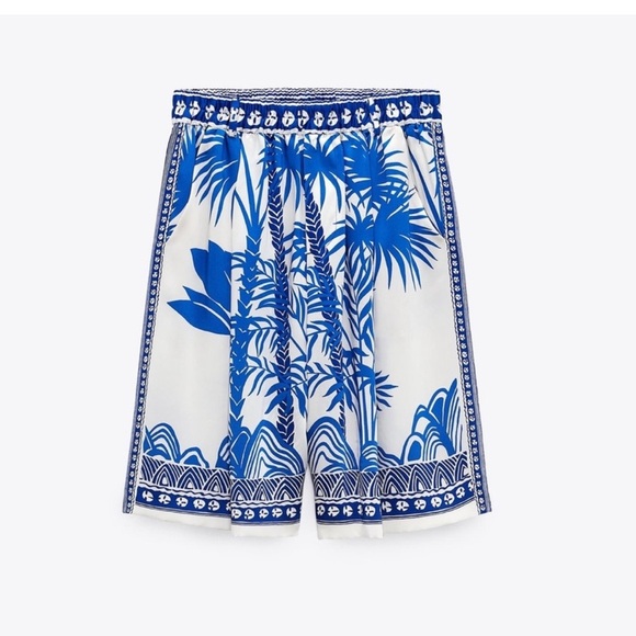 Zara High Rise Printed Bermuda Short Blue and Cream Size S - Picture 3 of 11